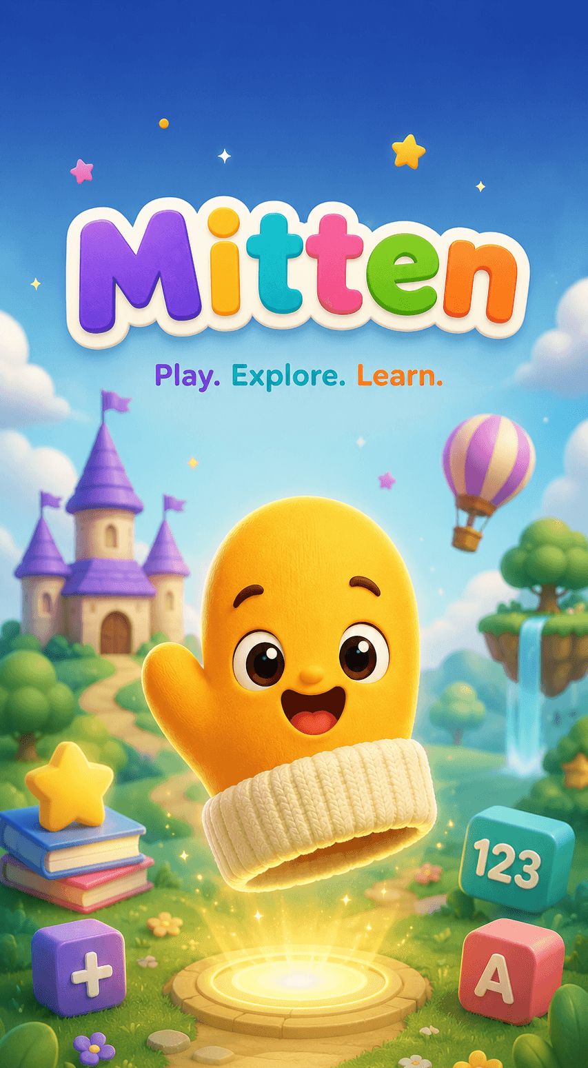 The Mitten mascot hovering above a glowing path, surrounded by letter and number blocks.